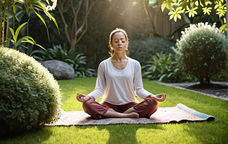 **

A person practicing mindfulness in a serene setting, like a garden, early in the morning. They are meditating, emphasizing peace and inner balance amidst life's challenges. The focus is on the emotions and accepting/overcoming them with mental health. Soft, natural lighting.

**