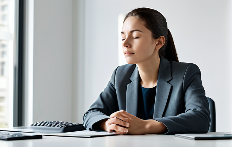 A professional individual, fully clothed in modest business attire, sitting at a desk in a calm, minimalist modern office space. The person is engaged in a moment of quiet contemplation, with eyes gently closed or gazing thoughtfully, demonstrating inner peace and mental clarity. Soft, diffused natural light illuminates the scene, creating a serene and focused atmosphere. Perfect anatomy, correct proportions, natural pose, well-formed hands, proper finger count, natural body proportions. Professional photography, high-resolution, detailed, cinematic lighting, appropriate content, safe for work, family-friendly.