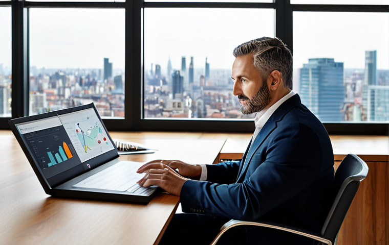 A focused, professional business executive, mid-career, with a calm and confident expression. Dressed in a modest, dark professional suit with a light-colored shirt, fully clothed, appropriate attire. Seated at a sleek, minimalist wooden desk in a sunlit, modern office with large windows overlooking a vibrant city skyline, possibly with a subtle architectural hint of Italian modernism. On the desk, a tablet displays complex data visualizations and a strategic flowchart. The background subtly suggests a dynamic, global business environment. Professional photography, cinematic lighting, ultra-detailed, high-resolution, sharp focus, perfect anatomy, correct proportions, natural pose, well-formed hands, proper finger count, natural body proportions. Safe for work, appropriate content, fully clothed, professional dress, family-friendly.