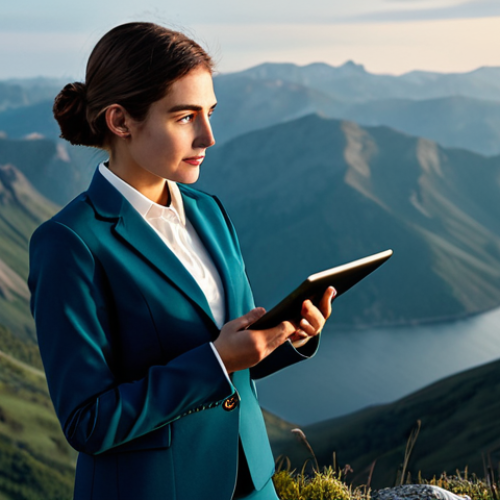 Home 18 **
"A young professional woman, fully clothed in a modest blazer and trousers, standing on a mountaintop overlooking a vast landscape, her face determined, holding a tablet displaying a graph trending upwards, appropriate attire, safe for work, perfect anatomy, correct proportions, natural pose, cinematic lighting, professional photography, family-friendly, digital art"
**