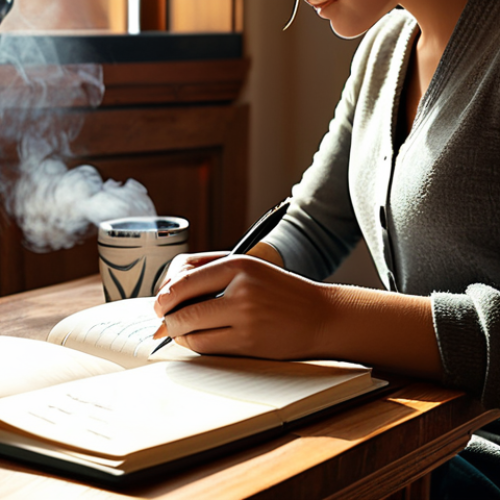 Home 17 역경 속에서의 즐거움 찾기 - Gratitude Journal**
"A person in a cozy, sunlit room, sitting at a wooden desk writing in a beautif...