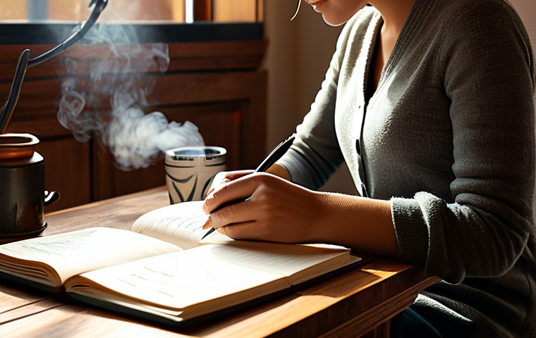 역경 속에서의 즐거움 찾기 - Gratitude Journal**
"A person in a cozy, sunlit room, sitting at a wooden desk writing in a beautif...