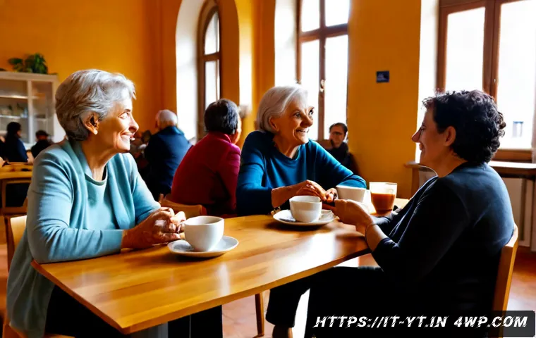 역경 속에서의 집단 경험 공유하기 - Photorealistic scene of a diverse group of Italian neighbors seated in a bright community center in ...
